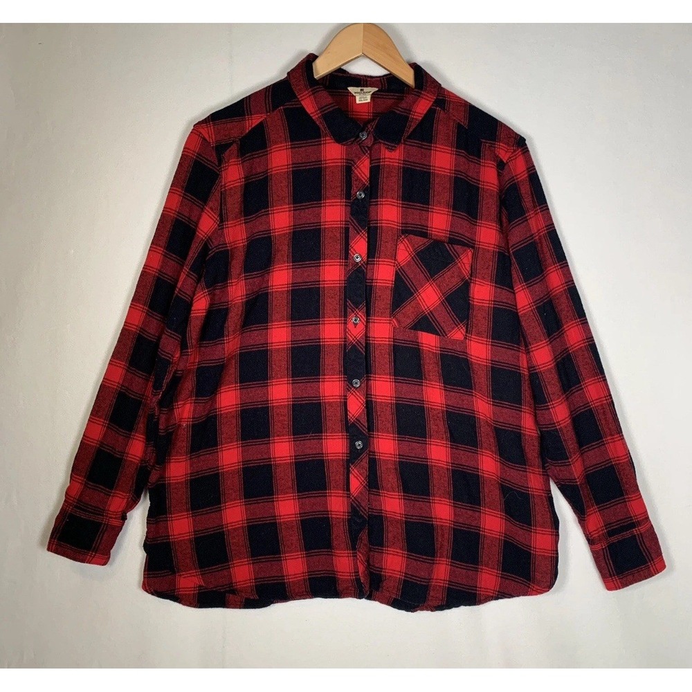 Woolrich Flannel Shirt Womens XXL 1X Red Black Buffalo Plaid Button Up Short EUC